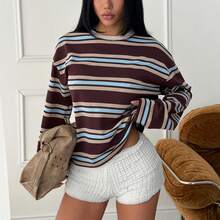 SDNGED Women's Casual Top, Striped Color Block Ribbed Fabric, Everyday Wear, Spring/Autumn - Blue-brown Wide Stripes - View 8
