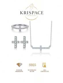 3Pcs S925 Silver Cross Moissanite Jewelry Set For Women, Pendant Necklace Earrings And Ring, Minimalist Layering Jewelry For Daily Wear & Gift For Her - Silver - View 1