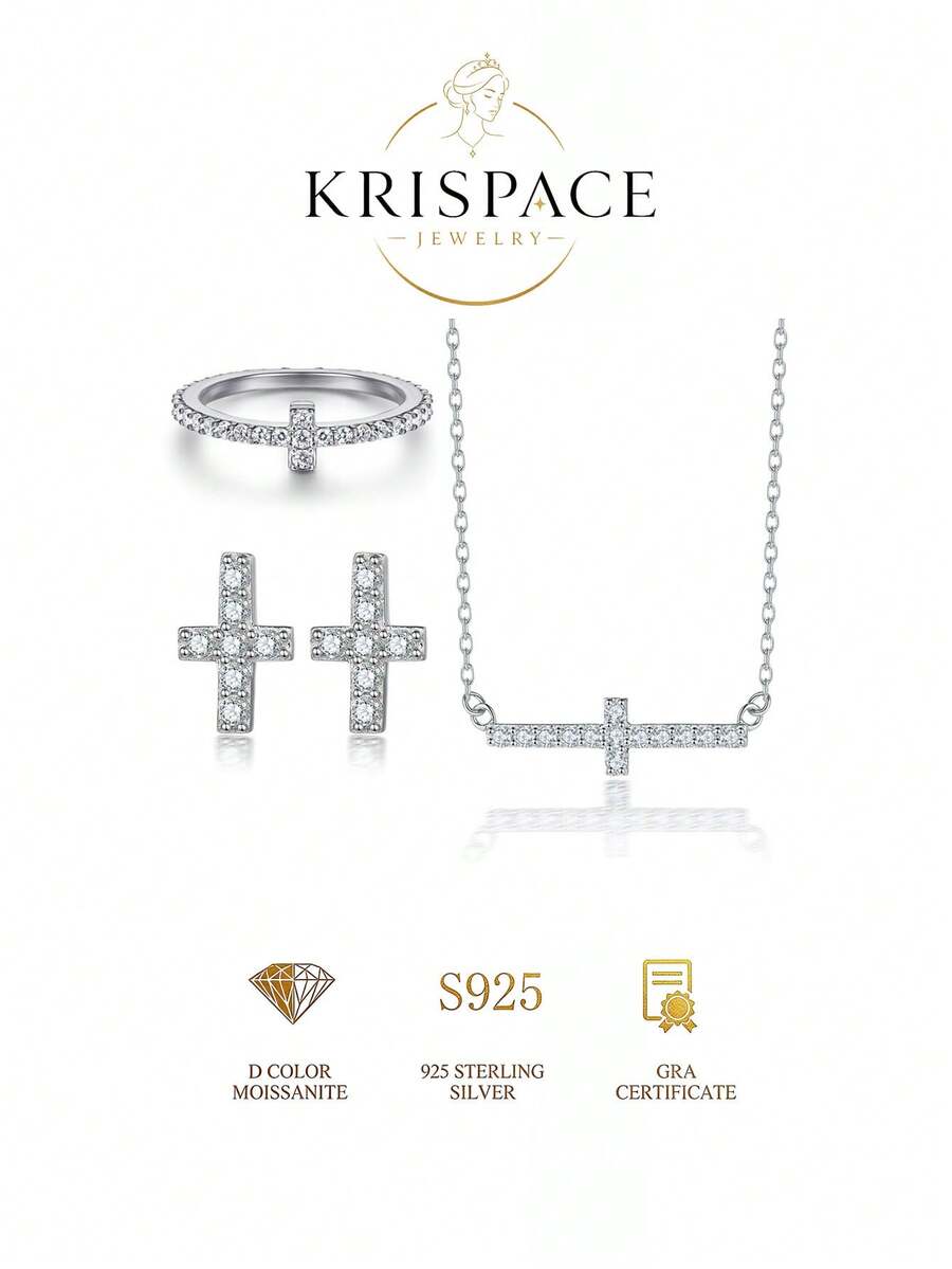 3Pcs S925 Silver Cross Moissanite Jewelry Set For Women, Pendant Necklace Earrings And Ring, Minimalist Layering Jewelry For Daily Wear & Gift For Her - Silver - View 1