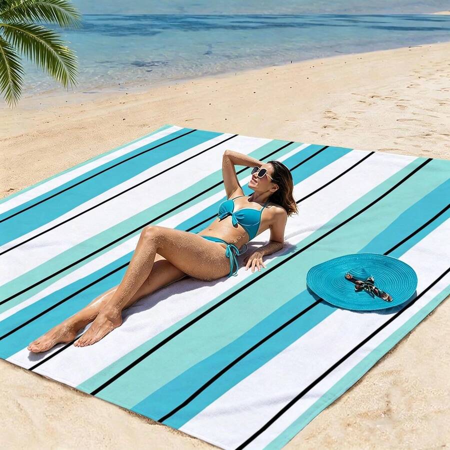 1pc Extra Large Striped Sand-Proof Quick-Dry Beach Towel Mat, Suitable For 1-3 Adults - Lightweight, Durable Polyester Fabric - Perfect For Travel, Camping, Hiking And Leisure Beach Time, Beach Mat, Picnic Mat, Camping Ground Cover - Mint Blue-green Vertical Stripes - View 1
