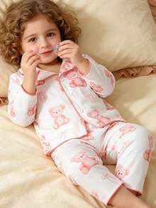 Lurzo This Sweet And Cute Teddy Bear Print Long Sleeve Collared Top Paired With Long Pants, Comfortable For Home Wear, Suitable For Girls At Home, Also Suitable For Baby Girl's Casual Wear In Spring And Autumn. The Fabric Is Comfortable, The Design Is Unique, And It Is Suitable For Wearing In The Evening In Spring, Autumn And Winter. - White - View 1