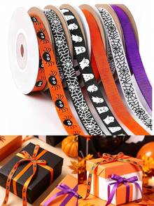 Bộ ruy băng satin Halloween 1/6 cuộn/set, ruy băng in họa tiết nhện và mạng nhện ma, hoàn hảo để gói quà, trang trí bí ngô, thắt nơ túi, làm phụ kiện tóc DIY và trang trí tiệc Halloween - Nhiều màu - Xem 1