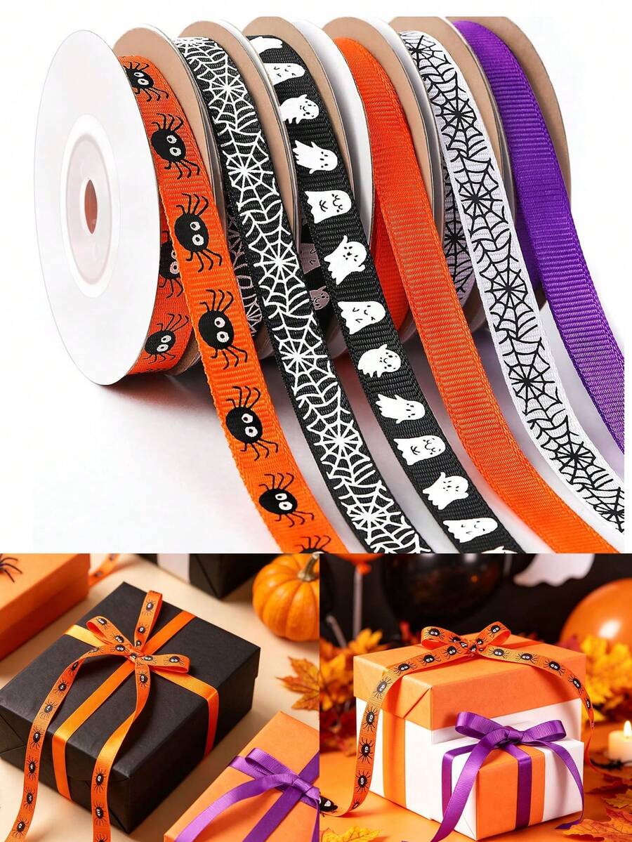 Bộ ruy băng satin Halloween 1/6 cuộn/set, ruy băng in họa tiết nhện và mạng nhện ma, hoàn hảo để gói quà, trang trí bí ngô, thắt nơ túi, làm phụ kiện tóc DIY và trang trí tiệc Halloween - Nhiều màu - Xem 1