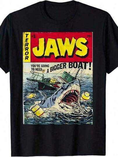 Boys Clothes, Summer Tops, Unisex Cotton Y2K Retro Jaws Shark Graphic Tee, Girls Clothes, Men Clothes, Women T Shirt, Black Top, Back To School