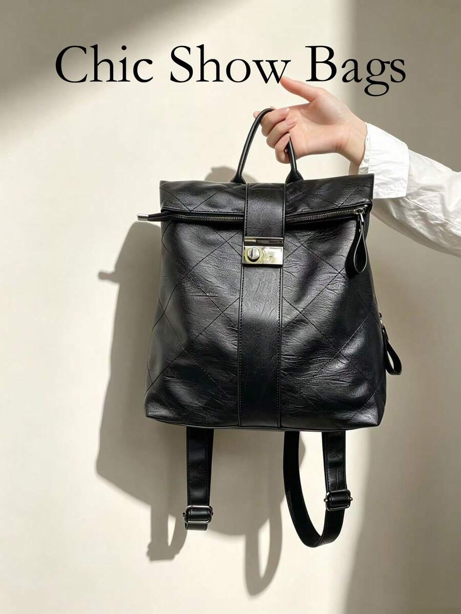 Women Backpack Diamond Quilted Pattern Soft Handle Metal Lock Zipper Large Capacity Multi-Purpose Vintage Minimalist Daily Work Travel All Seasons - Black - View 1