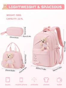 3pcs Set Solid Color Cute Bear (Detachable) Backpack Set, Cute School Bag With Bow Ribbon (Detachable), Crossbody Bear Lunch Bag, Zipper Closure, Large Capacity Multi-Pocket Lightweight School Bag, Suitable For Various Occasions, Campus Backpack, Travel Backpack, Back To School Gift - A - View 3