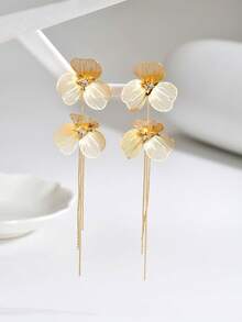 1pair Elegant Luxury Golden Alloy Flower Long Chain Tassel Dangle Earrings For Women Wedding Evening Party Jewely Gift - Multicolor - View 1