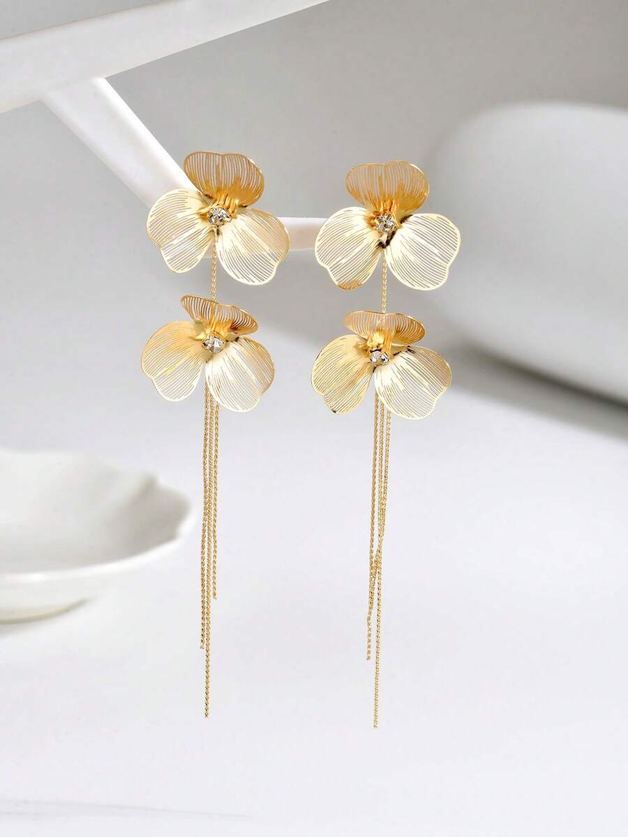 1pair Elegant Luxury Golden Alloy Flower Long Chain Tassel Dangle Earrings For Women Wedding Evening Party Jewely Gift - Multicolor - View 1