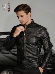 Men's PU Leather Motorcycle Jacket, Slim Fit Motorcycle Style Stand Collar Jacket, Fashion Quilted Detail Casual Jacket, Lightweight Spring/Autumn Windbreaker - Black - View 3