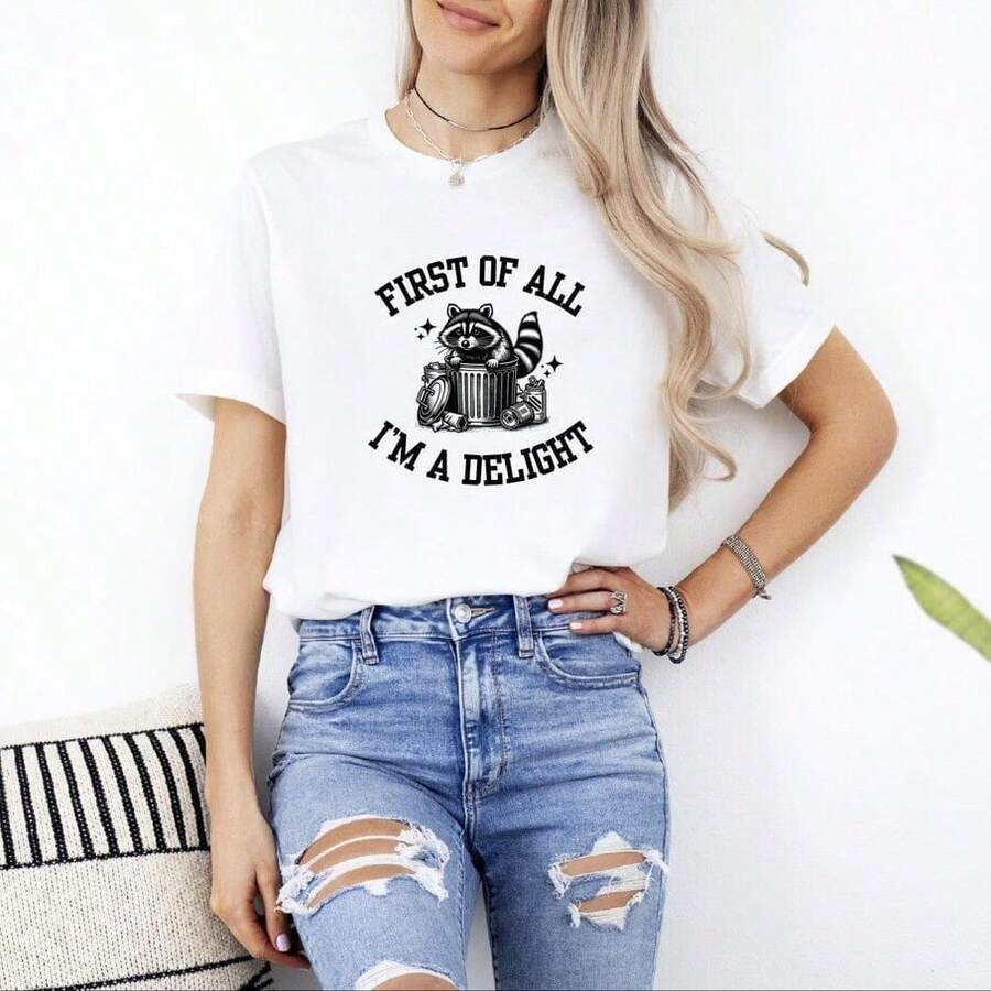 First Of All I'm A Delight Shirt, Comfort Raccoon Shirt, Funny Raccoon Shirt, Cute Sarcastic Shirt, Raccoon Lover Shirt, 100% Cotton Short Sleeve - 白色005 - 查看 1