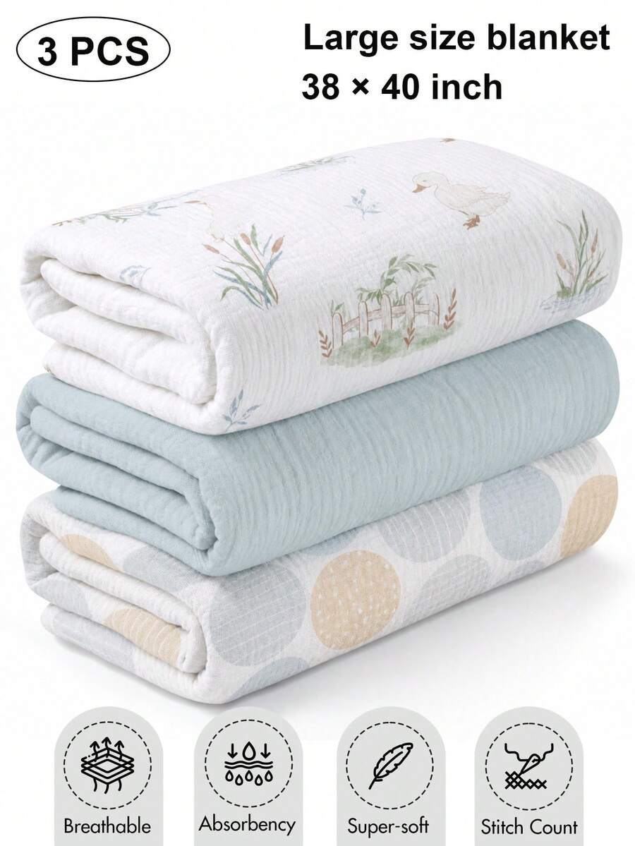 3pcs/Set Fine Cotton Swaddle Blankets, Breathable Soft Newborn Receiving Blankets, Swaddle Wrap Burp Cloths, Baby Baptism Essentials, Toddler Gifts