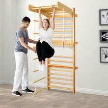 SAILUN Swedish Ladder Wall Bars Wooden 6 In 1 Climbing Frame Includes Pull Up Bar, Gymnastics Rings, Ladder, Slide/Climbing Board, Monkey Bars Play Gym For Adult, 100kg Capacity - Wood Colour - View 4