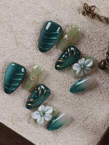 10pcs Press On Nails Almond Green Cat's Eye Flower Golden Thread Nails Handmade Press On Nails Fake Nails Artificial Nails Kit Includes 1sheet Adhesive Tabs &1 Pc Mini File - Multicolor - View 3