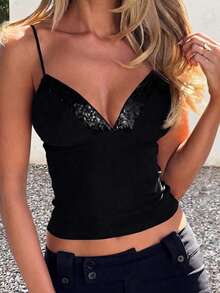 Sexy Glitter Backless Sequin Patchwork Camisole Top, Suitable For Vacation & Beach Black Casual Summer - Black - View 2