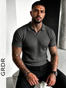 GRDR Suéter de punto de manga corta de unicolor para hombres, de moda para el verano - Gris Oscuro - Ver 5