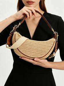 Holiday Style Shoulder Underarm Bag, Adjustable Strap, Lightweight Versatile Crescent-Shaped Woven Bag, Suitable For Shopping, Dating And Vacation - Beige - View 3