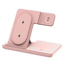 Foldable 3-In-1 Wireless Charging Station, 15W Fast Magnetic Charging Base, Adjustable Dual-Angle Stand, Supports Simultaneous Charging For Qi Phones, Smartwatches And Bluetooth Earphones, Compact Foldable Travel Design, ABS Material With Soft Ambient Indicator Light, Built-In Induction Coil, Stable Charging - Pink - View 10