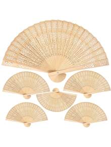 1pc Hollow Pure Wood Chinese Style Folding Fan, Wooden Hand Folding Fan, Carved Flower Pattern, Best Gift For Birthday And Graduation - Apricot - View 1