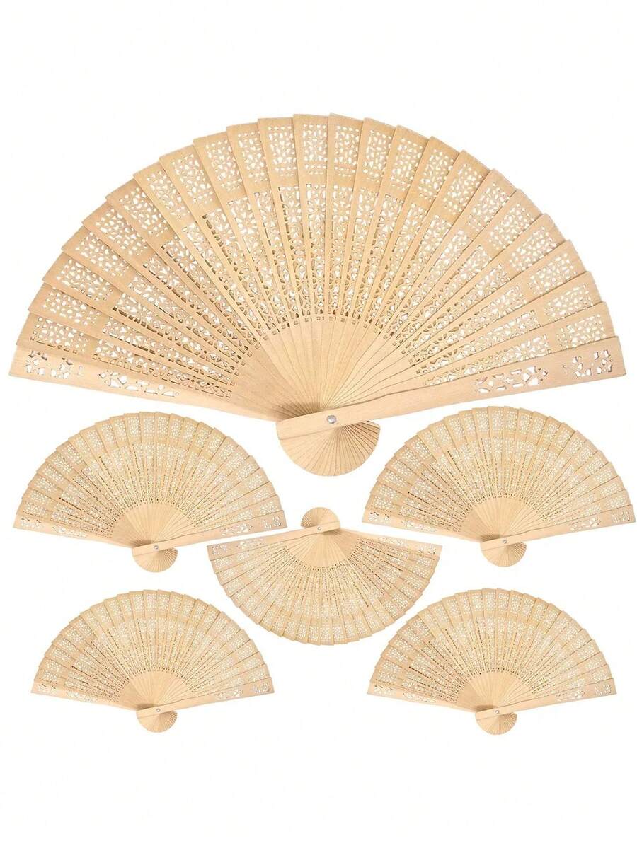 1pc Hollow Pure Wood Chinese Style Folding Fan, Wooden Hand Folding Fan, Carved Flower Pattern, Best Gift For Birthday And Graduation - Apricot - View 1