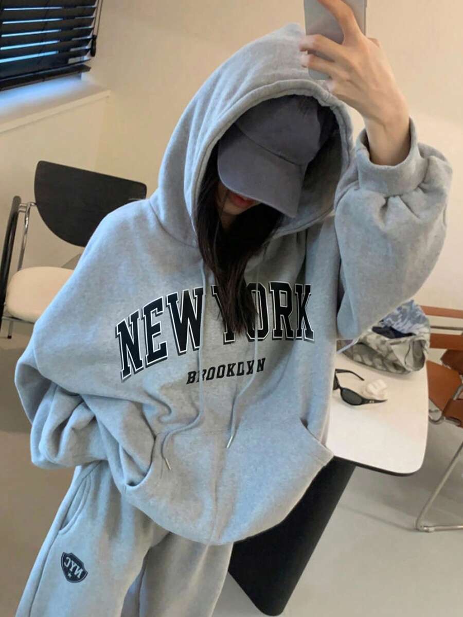 Sweatshirt Berkerudung Wanita, Motif Huruf Baru Musim Gugur/Dingin, Desain Tali Serut, Dengan Saku, Atasan Longgar Serbaguna Kasual, Pakaian Sehari-hari yang Modis - Abu-abu gelap - View 1