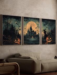 3er Set Leinwandkunst, gerahmte Wanddekoration, Galerie Set, Vintage Halloween Hexe, Kürbis & Fledermaus Ölgemälde, dunkler gotischer Horror Herbst Dark Academia Stil Leinwandkunst, Retro verwitterte seltsame Ästhetik rahmenloses Poster Set, Bestseller dekoratives Gemälde Set, geeignet für moderne Wohndekoration, Raumdekoration, Wohnheimdekoration, Schlafzimmerdekoration, Badezimmerdekoration - Retro-Kunst - Übersicht 2