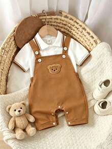 2pcs/Set Baby Boy Stylish Lightweight Short Sleeve Polo Shirt And Cute Brown Bear Handsome Overalls, Spring/Summer New Style, Daily Wear - Khaki - View 1