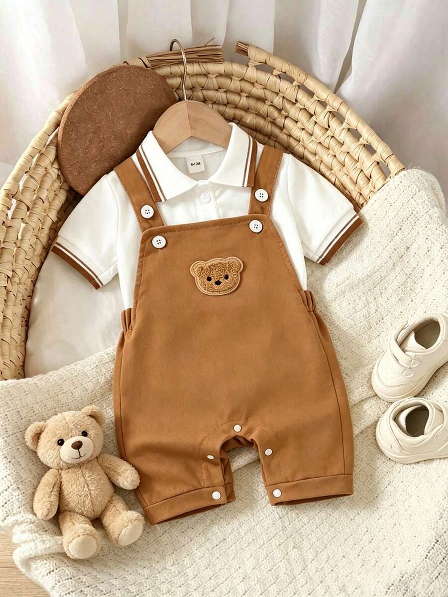 2pcs/Set Baby Boy Stylish Lightweight Short Sleeve Polo Shirt And Cute Brown Bear Handsome Overalls, Spring/Summer New Style, Daily Wear - Khaki - View 1