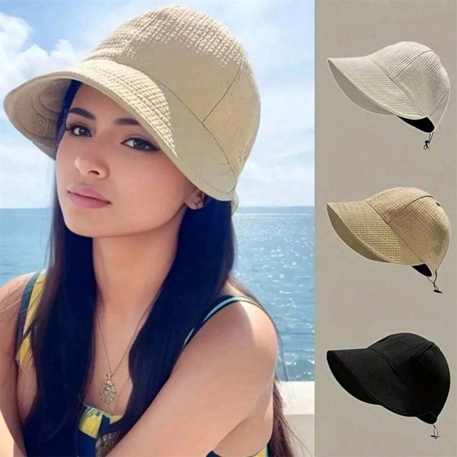 可折疊夏季女款寬邊遮陽帽,海灘度假帽,純色休閒聚酯纖維 - 彩色 - 查看 1