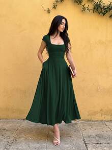 Glamful Elegant Commute Casual Basic Elegant Solid Color Knit Fabric Drawstring Summer Dress - Dark Green - View 1