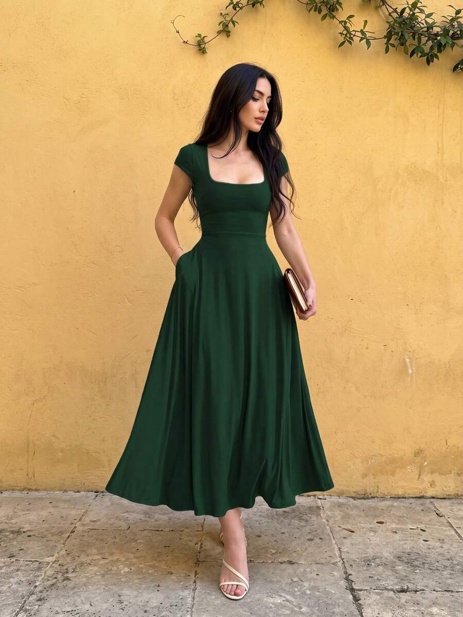 Glamful Elegant Commute Casual Basic Elegant Solid Color Knit Fabric Drawstring Summer Dress - Dark Green - View 1