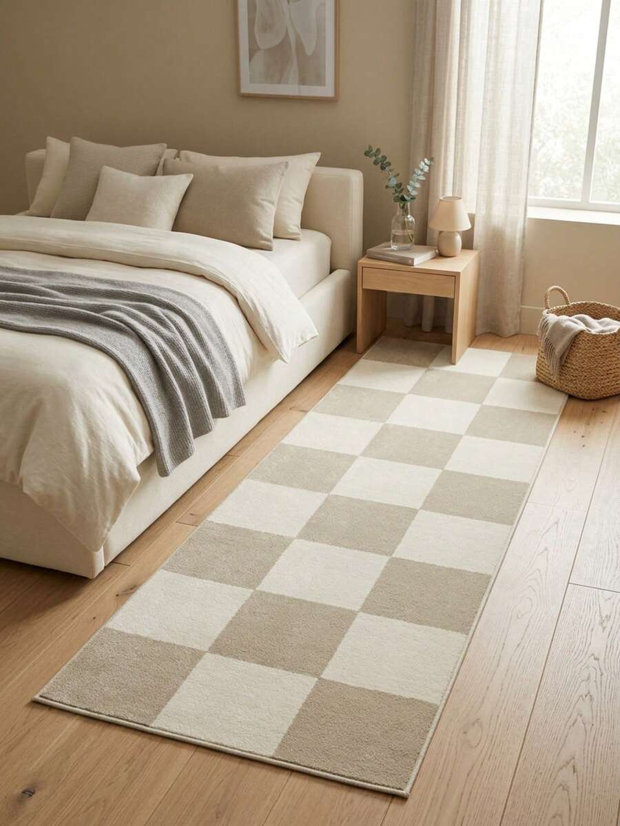 1pc Nordic Modern Luxury Minimalist Dual-Color Checkerboard Pattern Long Runner Rug, Soft Machine Washable Floor Mat For Bathroom, Kitchen, Entryway, Hallway, Bedside, Living Room, Bedroom, All Seasons Home Decor - Multicolor - View 1