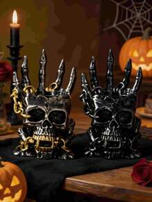 1pc Gothic Skull With Skeleton Hand And Gold Chain, Home Office Bedroom Desktop Decor, Punk Rock Horror Style Ornament - A1 - View 4