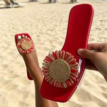 2026 Summer New Women's Red Insole Transparent Strap Sunflower Decor Flat Slip-On Sandals, Casual Versatile Square Toe Open Toe Slides, Suitable For Beach Vacation, Indoor/Outdoor Wear, Daily Matching - Red - View 2