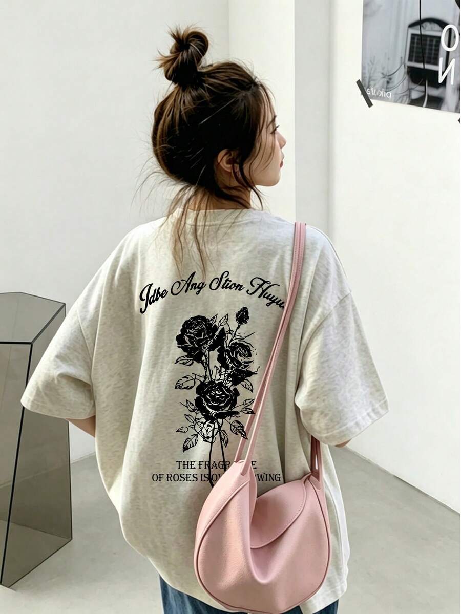 女士圆领宽松百搭简约字母玫瑰花印花短袖T恤,春夏休闲款 - 淺花灰 - 查看 1