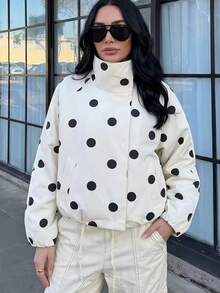TF.MLN Women's Fashion Spring/Autumn Polka Dot Aviator Jacket, Long Sleeve Loose Fit Stand Collar Oversized Outerwear, Street Style Vacation - DOT - View 7