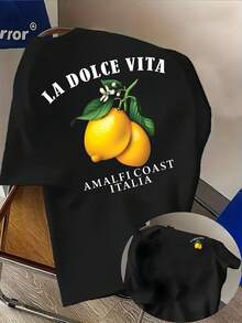Sommeroberteile für Männer, lässiges Zitronen-T-Shirt für Herren - beidseitiger Druck im Y2K-Retro-Street-Style, leichtes und dehnbares Shirt mit normalem Rundhalsausschnitt, geeignet für Freizeitkleidung, Spor - Schwarz - Übersicht 1