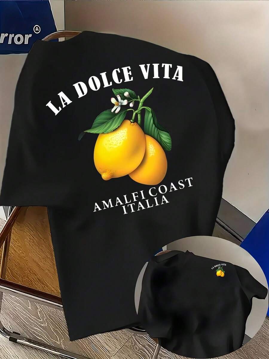 Sommeroberteile für Männer, lässiges Zitronen-T-Shirt für Herren - beidseitiger Druck im Y2K-Retro-Street-Style, leichtes und dehnbares Shirt mit normalem Rundhalsausschnitt, geeignet für Freizeitkleidung, Spor - Schwarz - Übersicht 1