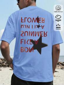 Unisex Loose-Fit Pure Cotton T-Shirt, Stars Letter Slogans Print, Ideal For Daily Summer, Beach, Graduation, Vacation - Light Blue - View 2