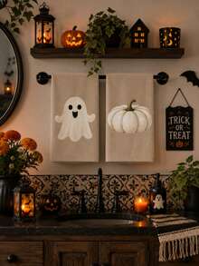 2pcs Halloween Pumpkin & Ghost Pattern Kitchen Towels, Halloween Home Decor Towels, Halloween Kitchen Decor Towels, Cute Style, Microfiber Material, Rectangular, 40*60 CM, Suitable For Home Autumn Kitchen Decor, Outdoor Party Activities, Halloween & Thanksgiving Holiday Gifts - Multicolor - View 7