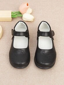 Girls' Embroidered Black Leather Mary Jane Shoes, Hook And Loop Soft Sole Anti-Slip School Student Shoes - Black - View 2