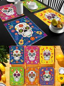 4 Stücke/1 Stück Mexikanische Tag der Toten bunte Totenkopf Tischsets, mehrere Stile bunte Totenkopf Muster zur Auswahl, waschbar, Tischschutz, hitzebeständige Tischsets, Halloween, Tag der Toten, Karnevalsfestival Party Heimdekoration, Tischdekoration, Küchenzubehör, Partydekoration, Heim- und Restaurantzubehör - Mehrfarbig - Übersicht 6