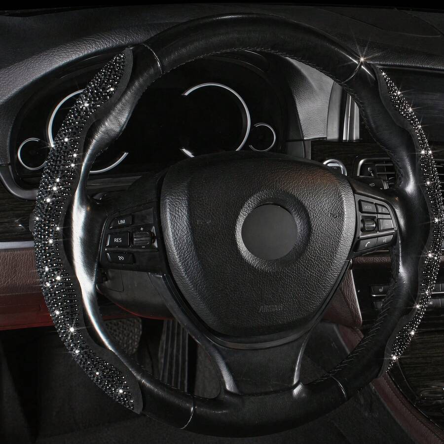 2pcs Non-Slip Steering Wheel Cover - Crystal Diamond Decoration + Two-Section Embedded Design + No Inner Ring, For Car/MPV/SUV/RV/Pickup/Van