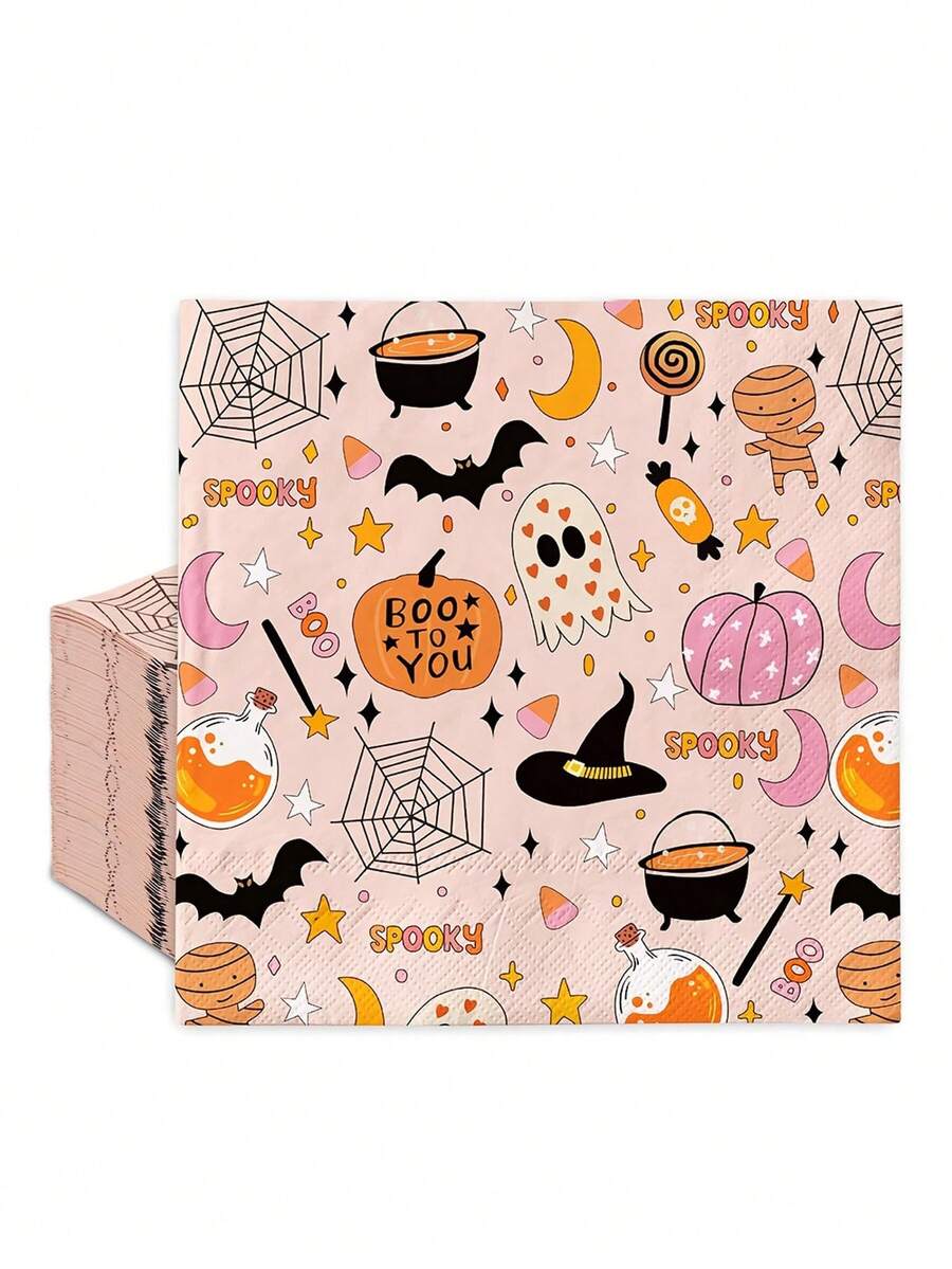 20pcs/1pc Halloween Disposable Paper Napkins, Halloween Party Supplies, Cute Pumpkin Witch Hat Pattern, Boo To You Printed Soft Napkins, Suitable For Halloween Party Supplies, Halloween Dinner Party Supplies And Halloween Party Decorations - Multicolor - View 1