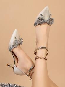 Women's 2026 Summer High Heel Stiletto Sequin Sexy Pointed Toe Closed Toe Slingback Sandals - Beige Gold Ring - View 2