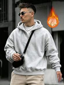 男士纯色休闲半拉链连帽宽松卫衣，2025秋冬通勤装，长袖上衣 - 灰色 - 查看 2