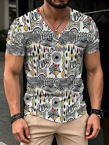 Men's White Basic Abstract African Geometric Graffiti All-Over Print V-Neck Short Sleeve T-Shirt - Multicolor - View 3