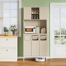 Kitchen Cabinet With Three Doors In Light Wood And White, 181 Cm High, With Waste Compartment, Microwave Compartment And Vacuum Cleaner Storage, 80 X 35 X 181 Cm - White - View 2