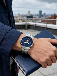 FOSSIL 42mm 銀色不鏽鋼多功能手錶 深藍色放射紋月相錶盤 金屬鏈條錶帶 FS5907 - 銀色 - 查看 4