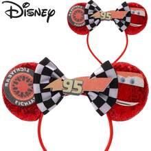 Disney Red Sequin Racing Tire Face Print Black & White Checkered #95 Bow Racing Cartoon Mickey Ears Headband - View 1