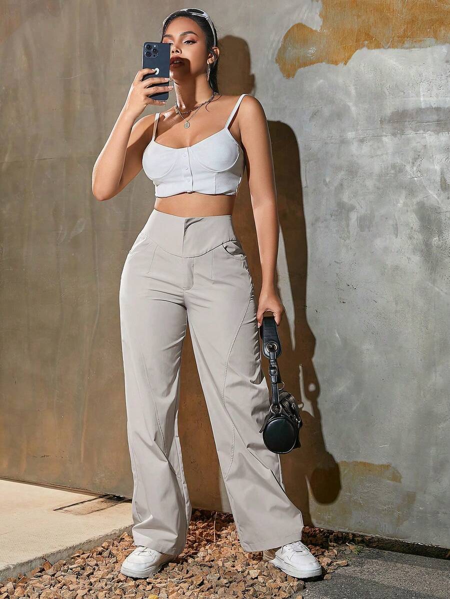 Solid Color High Waist Button Decor Cargo Pants Y2K Music Festival Style - Grey - View 1